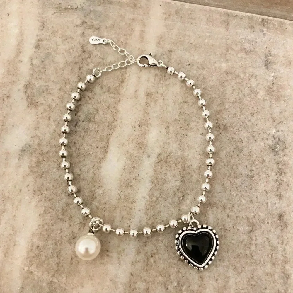 925 Sterling Silver Dainty Bead Bracelet Minimalist Heart & Pearl Charm Bracelet
